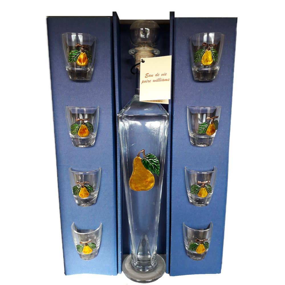Coffret "Eclipse" 50 cl d'eau de vie de poire Williams à 45 % vol + 8  verres avec étiquette étain